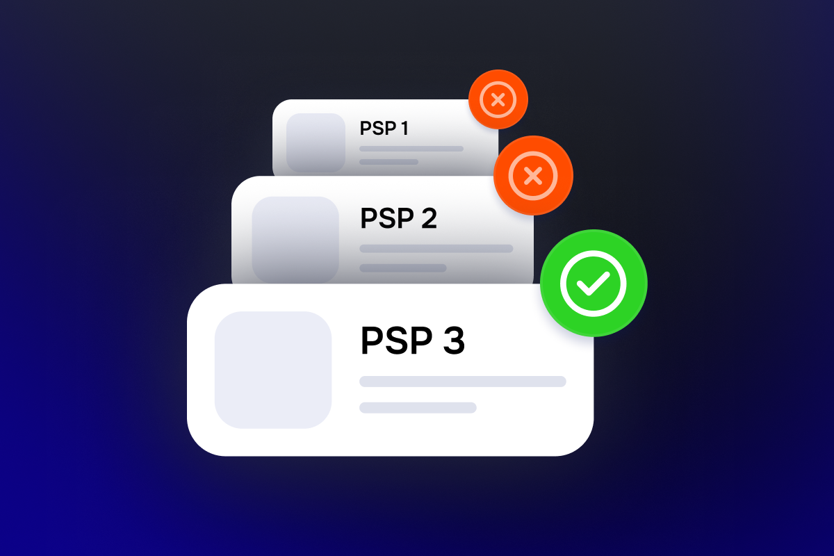 Stacked cards PSP 1 and PSP 2 show rejection, while PSP 3 displays a success icon.