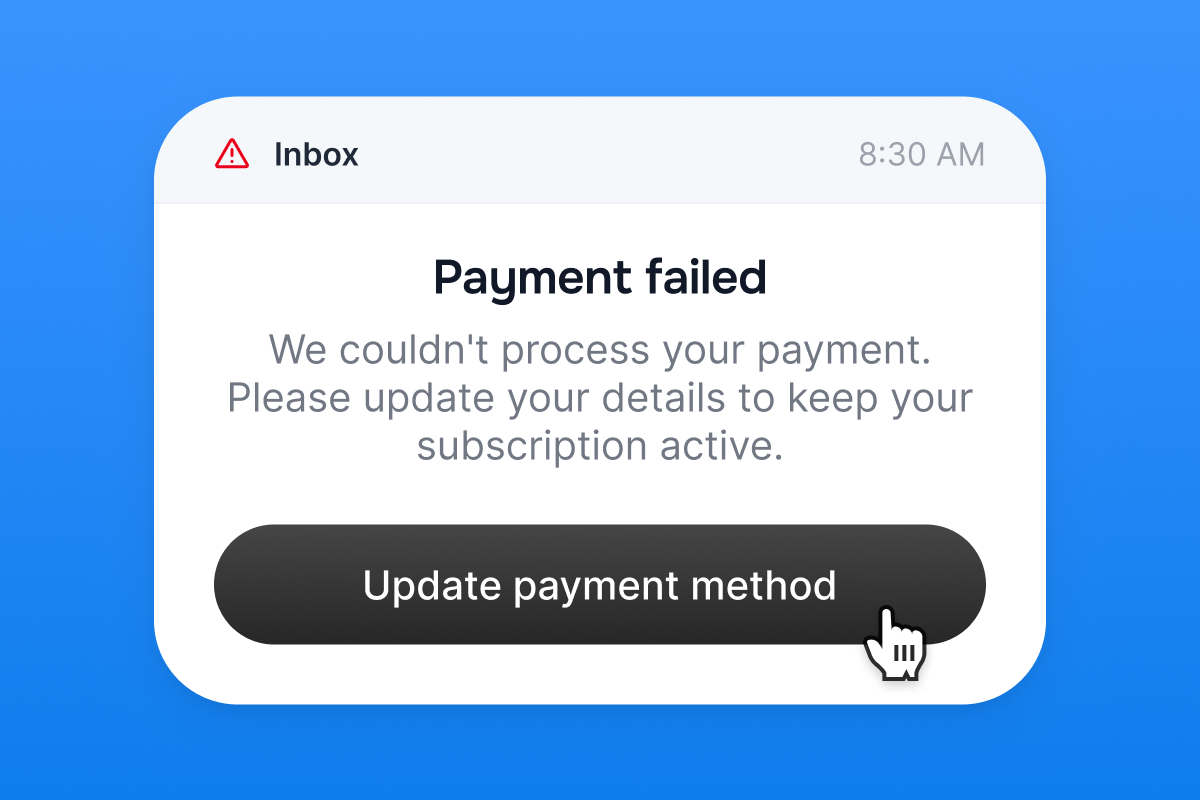 Digital notification: 'Payment failed', update payment method to keep subscription active.