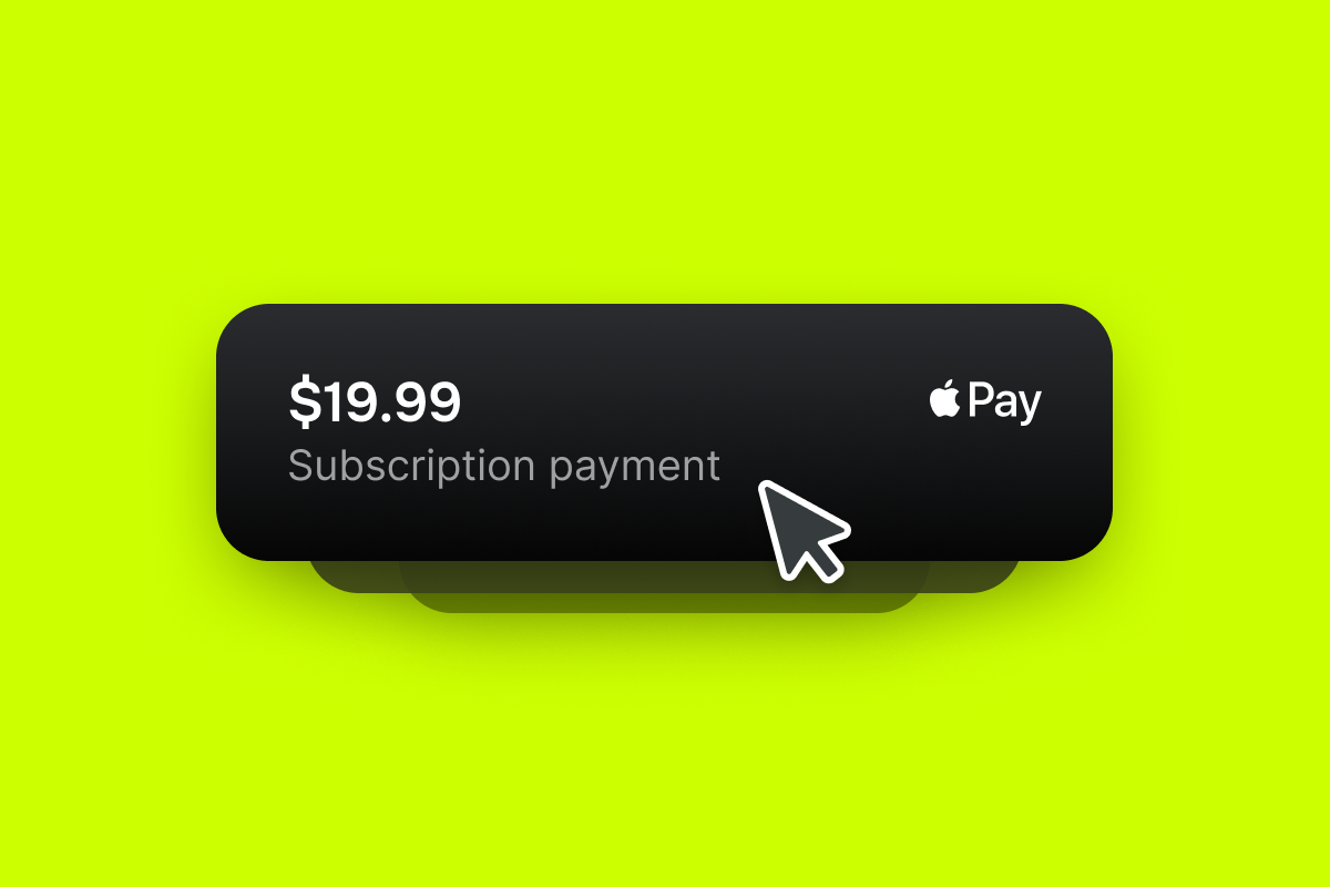 Digital button for $19.99 subscription payment with Apple Pay, a cursor pointing.
