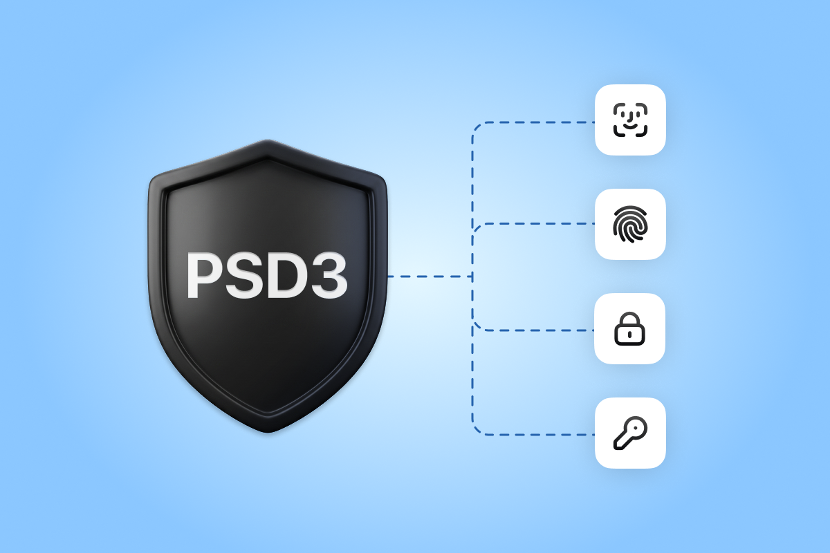 Black shield with PSD3 text linking to facial scan, fingerprint, padlock, and key icons.